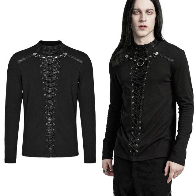 Schwarzes Punk Rave Herren Gothic-Longsleeve Mogon mit gefütterten Netzeinsätzen, auffälliger Zierschnürung (WT-896BK) und großem O-Ring