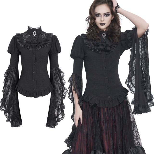 Devil Fashion romantische Victorian-Goth Bluse (SHT113) aus elastischem Crepe mit weiten Trompetenärmeln aus feinem Mesh, abnehmbaren Jabot und dunkelromantischer Rüsche am Saum