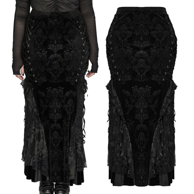 Long punk rave plus size gothic velvet skirt in mermaid line with dark romantic lace (DQ-727BK) and laces