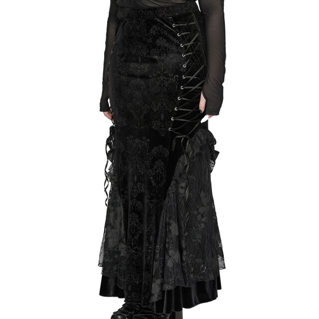 Punk Rave Plus Size Long Velvet Skirt Bloom In Shadows with Lace