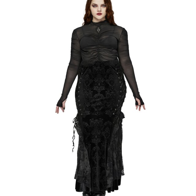 Punk Rave Plus Size Long Velvet Skirt Bloom In Shadows with Lace