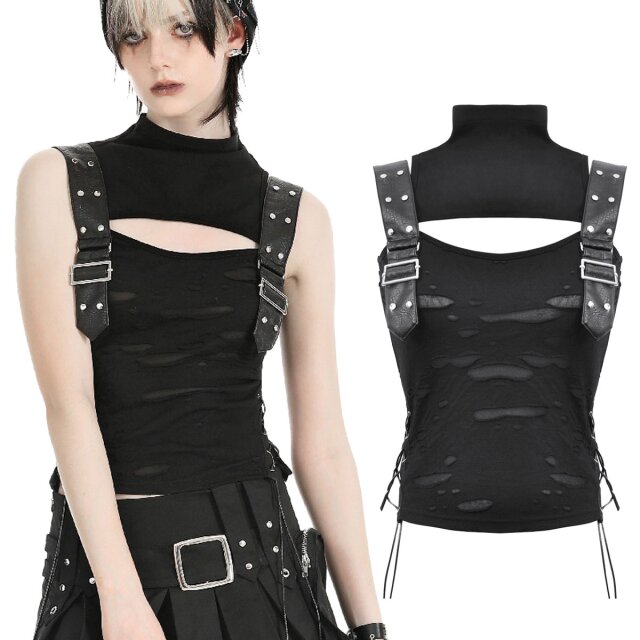 Tattered gothic tank top with cut-out (TW594) and high turtleneck, large decorative buckles in a punky shredded look