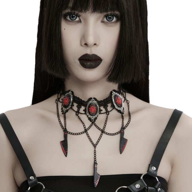 Morbidly eerie Punk Rave Gothic necklace (WS-733BK-RD) with lace, cameos with red roses and pendants in the shape of bloody butcher knives.
