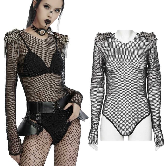 Wicked gothic mesh body by Punk Rave (WT-957BK) with tiny shiny black rhinestones on the mesh and detachable epaulettes with cone studs and silver-coloured chains