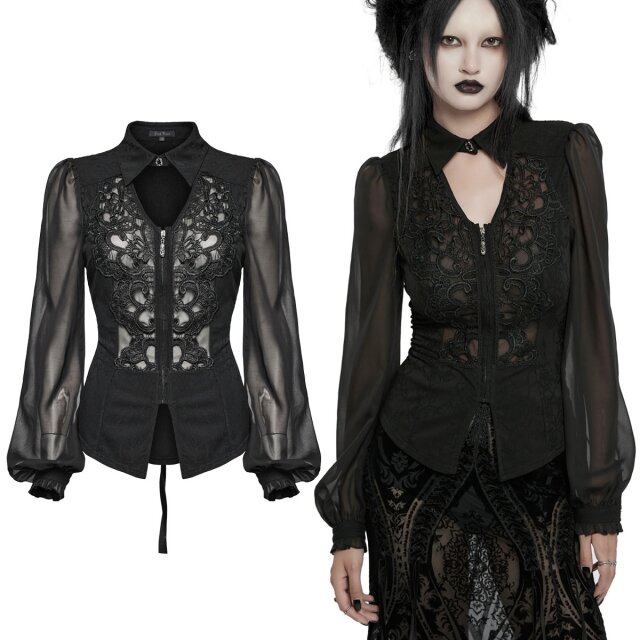 Elasticated punk rave semi-transparent gothic blouse (WY-1635) with pointed collar, dark romantic ornamental embroidery and transparent balloon sleeves