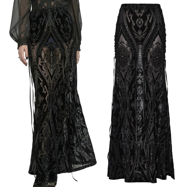 Sehr elastischer Punk Rave Gothic Maxi-Rock (WQ-769BK) aus semi-transparentem Mesh mit barocker Ornamentbeflockung und Zierschnürungen in zarten Spitzenborten.