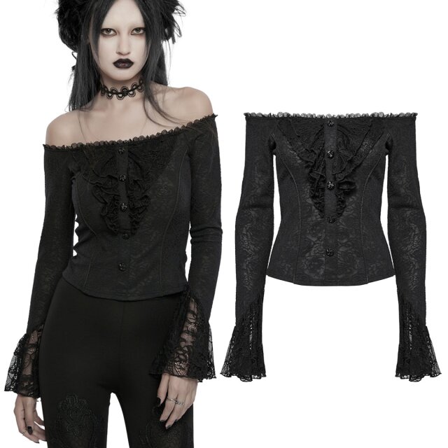 Schulterfreies Punk Rave Gothic Shirt (WT-921) mit Rosenknöpfen, Spitzenvolants und Trompetenärmeln