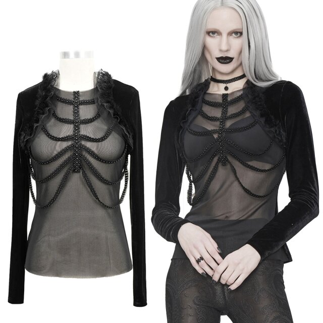 Eva Lady transparent gothic mesh shirt in two-layer bolero look (ETT024) with elegant pearl embellishment, long velvety sleeves and fur trim