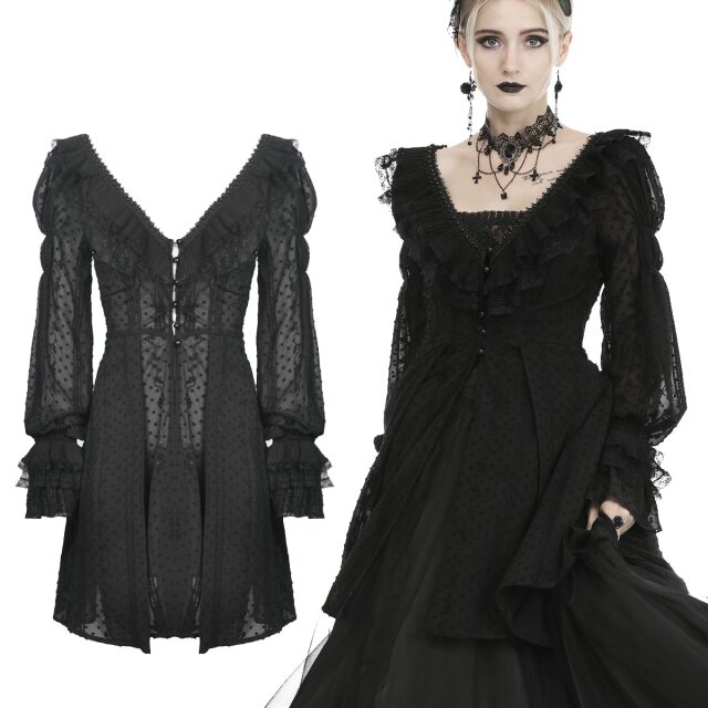 Dark In Love halbtransparente Gothic-Longbluse mit langen bauschigen Puffärmeln (JW221), üppigen Plissee-Rüschen am V-Ausschnitt und raffinierter Schnürung am tiefen Rückenausschnitt