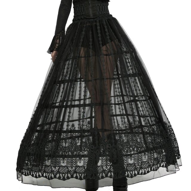 PUNK RAVE Gothic-Maxi-Rock (WQ-771BK) aus transparentem Tüll mit barocker Borten-Bestickung und beeindruckender Weite von über vier Metern, ideal zum Tragen über einem Reifrock.