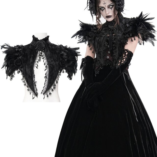 Elegant short Victorian Goth bolero cape (ECA018) with detachable rose brooch, tasselled hem and lavish rose and feather embellishment