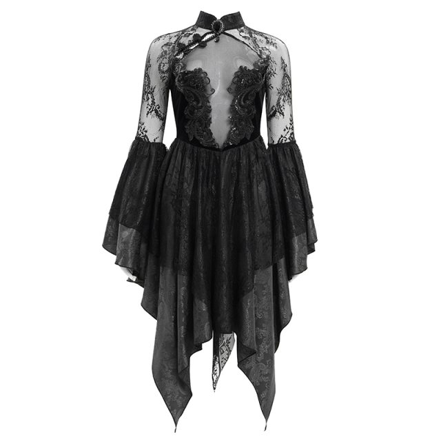 Gothic Zipfel-Minikleid Dark Glamour mit Perlen