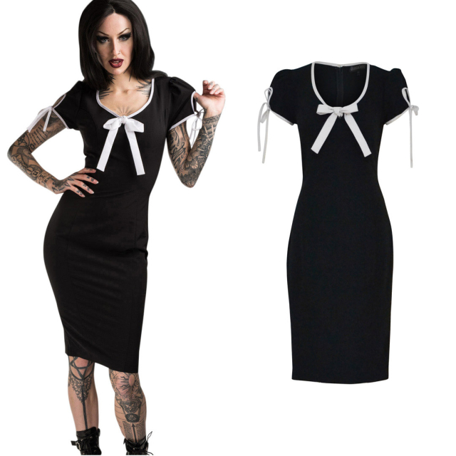 Schwarzes Pin-Up-Dress Lamour Noir mit weißer Schleife - Größe: XL