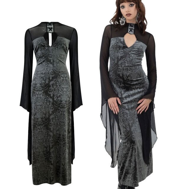 KILLSTAR Forenoon Maxi Kleid (KSRA011259) aus geprägtem Metallic-Samt, mit langen transparenten Trompetenärmeln und herzförmigen Cut-Out