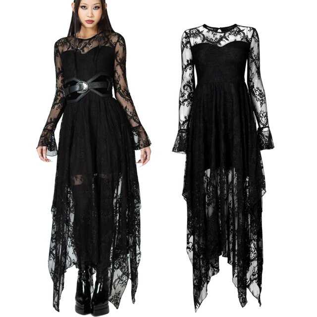 Mystisches KILLSTAR Shadow Figure Maxi Kleid (KSRA010521) mit dunkelromantischer, transparenter Spitze, Zipfelsaum und leichten Trompetenärmeln