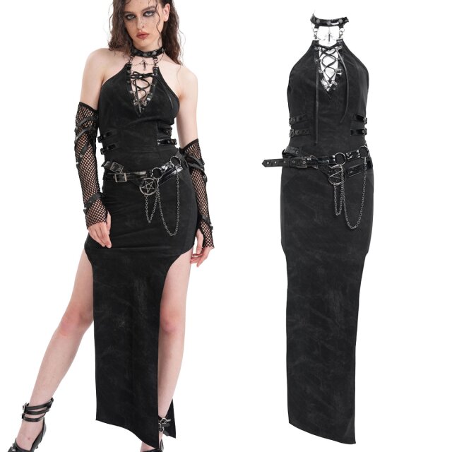 Gothic Neckholder Maxi-Kleid mit hohen Beinschlitzen (SKT215) Lack-Halsband und Lack-Gürtel mit Pentagramm, O-Ringen und Ketten