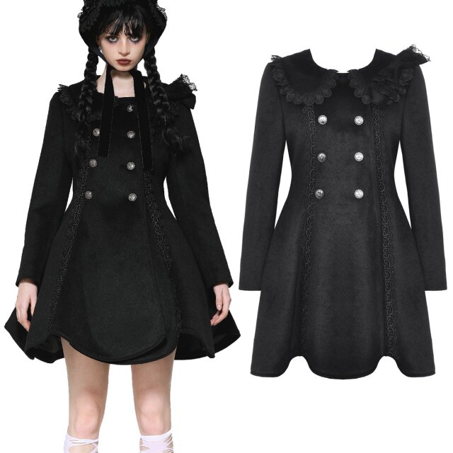 Short Dark In Love gothic coat (JW281) in fairytale dark lolita style, double-breasted buttoned with frilled Peter Pan collar and large decorative bow