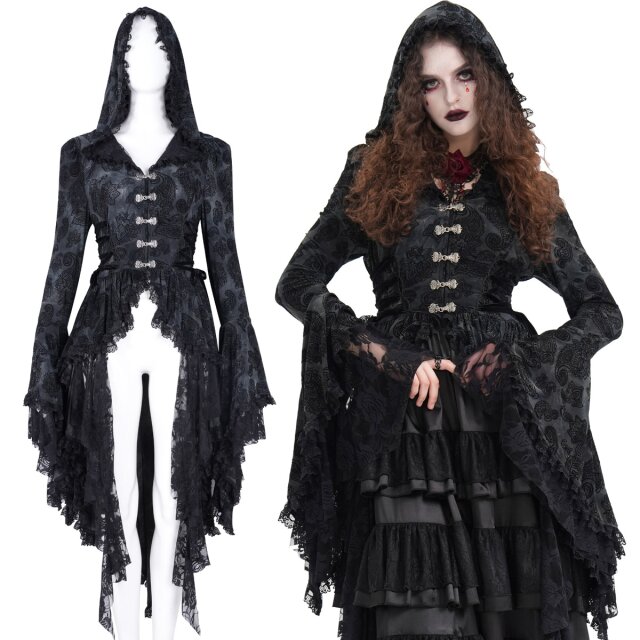 Märchenhafte Gothic-Jacke (CT246) mit Kapuze in Vokuhila-Schnitt aus verwaschenem grau-schwarzem Stretch mit einem beflockten Paisley- und Blüten-Muster für einen opulenten viktorianischen Look