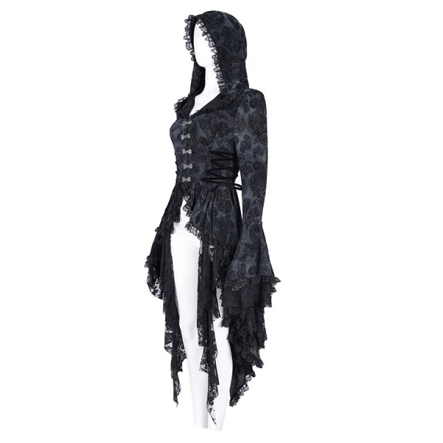 Lange Victorian Goth Vokuhila-Jacke Shadow Soiree mit Kapuze L