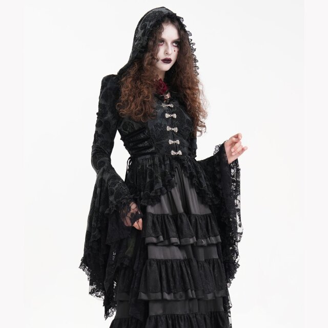 Lange Victorian Goth Vokuhila-Jacke Shadow Soiree mit Kapuze S