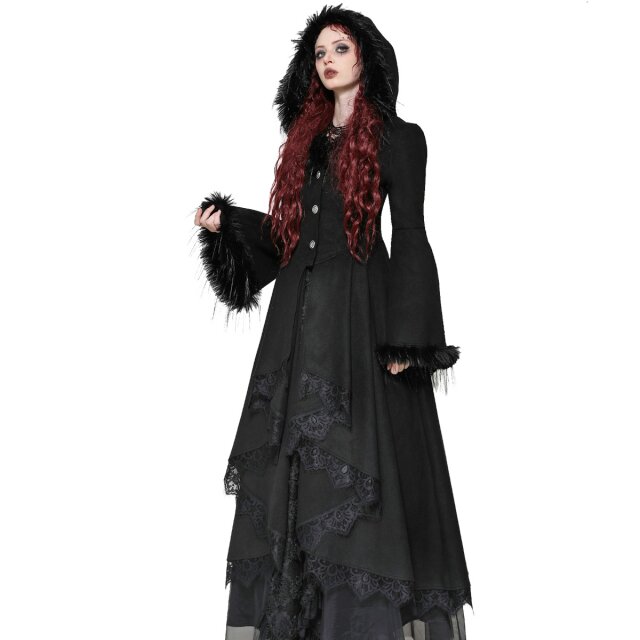 Langer Gothic-Mantel Nocturnal Perfection mit Fake-Fur-Besatz und Kapuze L