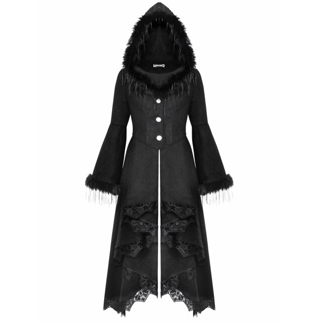 Langer Gothic-Mantel Nocturnal Perfection mit Fake-Fur-Besatz und Kapuze L