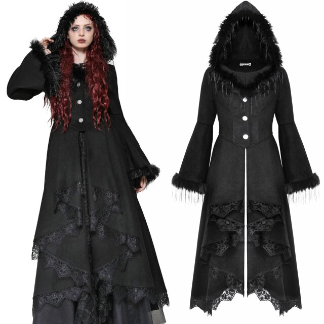Gorgeous gothic coat from Dark In Love (JW282) with Victorian charm. Lush fake fur trims, sophisticated waterfall cut at the front, flared sleeves and a large hood.