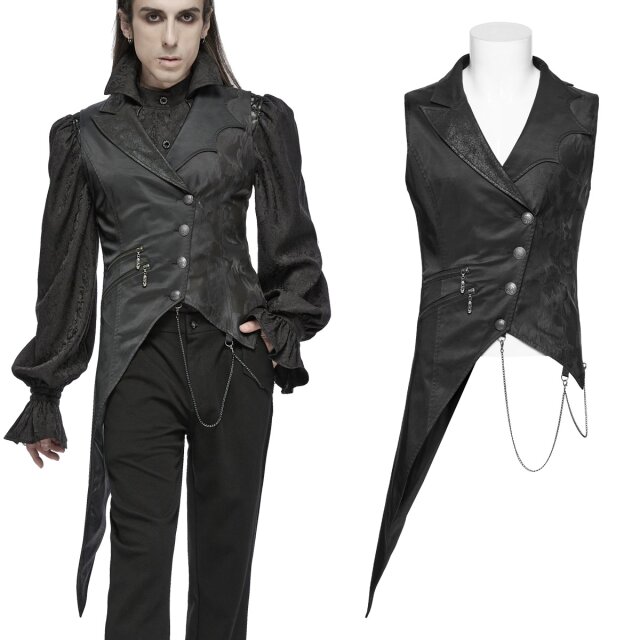 Geheimnisvoller Style für Herren: schmale, asymmetrische Weste (WY-1720BK) von PUNK RAVE aus edlem Material-Mix und gezacktem Vampir-Kragen.