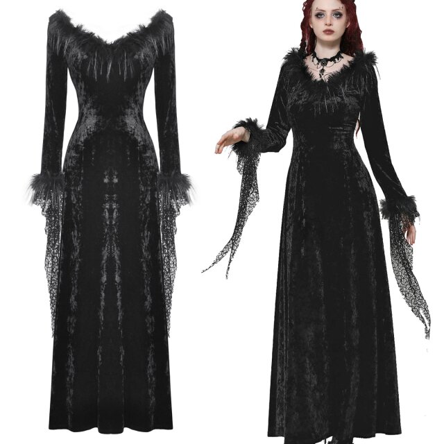 Langes Dark In Love Gothic-Kleid (DW1019) aus elastischem Samt in märchenhafter A-Linie geschnitten mit Kunstfell-Besatz am Ausschnitt und langen, schmalen Ärmeln.