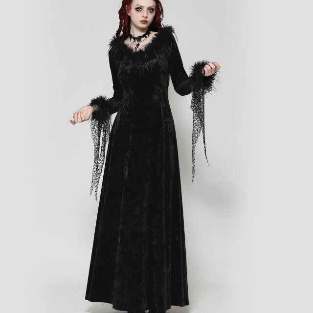 Gothic-Maxi-Samtkleid Dark Czarina mit Fake-Fur Besatz
