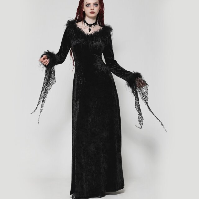 Gothic-Maxi-Samtkleid Dark Czarina mit Fake-Fur Besatz