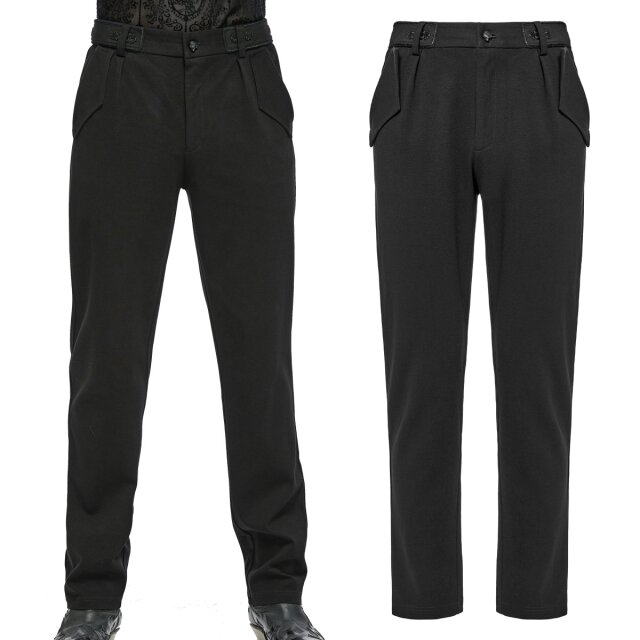 Dunkelromantische Gothic Bundfaltenhose (WK-669BK) von Punk Rave aus dezent strukturiertem Twill mit atemberaubenden, barock-verzierten Details am Bund und geschwungene Pattentaschen.