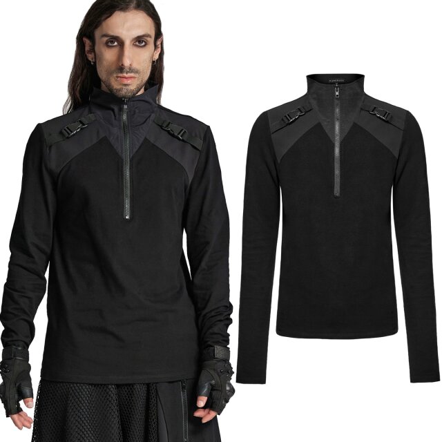 Cyber Goth Longsleeve (WT-928BK) mit weitem Stehkragen, schwarzen Zip und schwarzen Kunststoff-Clips mit Nylon-Bändern im Tech-Wear-Stil