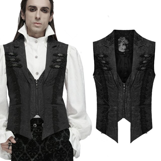 PUNK RAVE gothic waistcoat in red (WY-1977RD) or black (WY-1977BK) with dark romantic rose petal pattern, trims with baroque ornaments and elegant lace for a classy Victorian look.