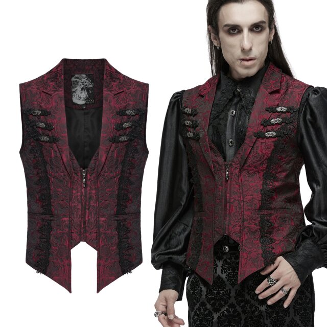 PUNK RAVE Gothic-Weste in rot (WY-1977RD) oder schwarz (WY-1977BK) mit dunkelromantischem Rosenblütenmuster, Borten mit barocken Ornamenten und eleganter Spitze für einen edlen viktorianischen Look.