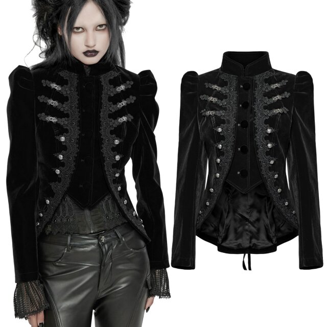 Taillierte Punk Rave Samtjacke (WY-1637BK) im Gothic-Stil in Lagenoptik in dunkelromantischer Frack-Silhouette mit Spitzenapplikationen und Borten