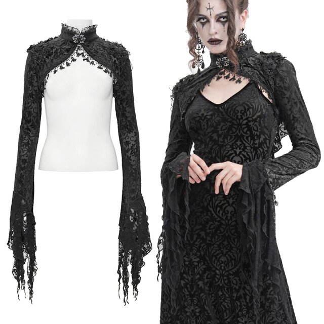Gothic-Bolero-Jäckchen (ECA02001) aus beflocktem Mesh mit langen fransigen Ärmeln, schmalem Stehkragen mit barock verziertem Verschluss, märchenhaften 3D-Blüten und langen Spitzen am Rücken.