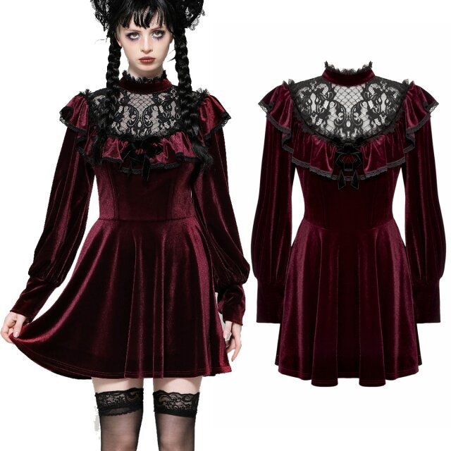 Girlishly playful velvet mini dress (DW1025RD) in blood red with stand-up collar and neckline in black lace with red flounce. Puffy sleeves and flared skirt for a gothic doll look
