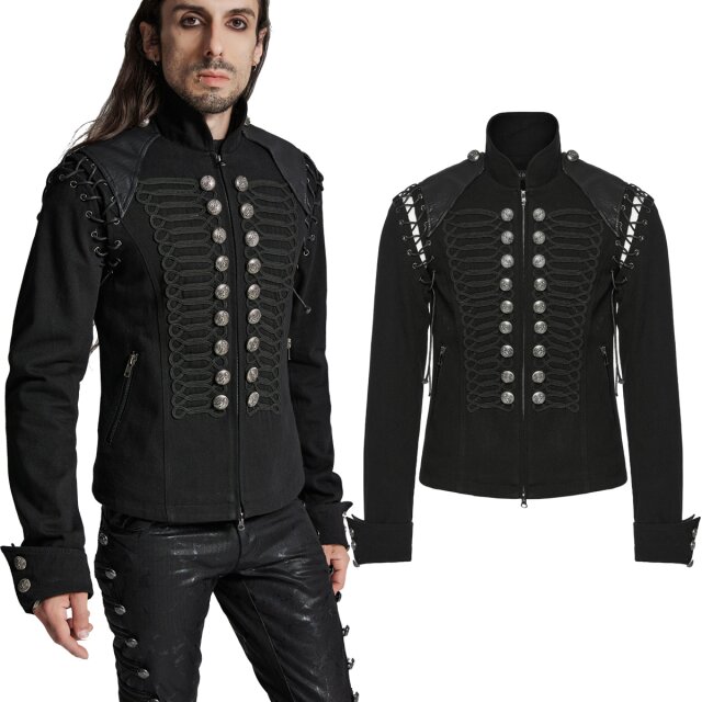Herrenjacke im Vintage Military Gothic-Stil (Y-721BK-SI) aus robustem Denim mit Posamentenverzierung und zweireihigen Zierknöpfen auf der Brust. Raffiniert angeschnürte Ärmel.