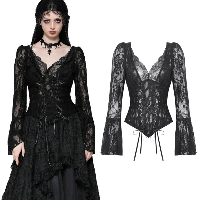 Dark In Love semi-transparent, dark romantic gothic shirt (TW561) made of transparent lace, with lacing and long trumpet sleeves
