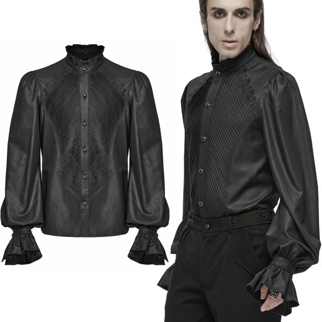 Deep black Victorian Goth shirt (WY-1676BK) from PUNK RAVE with diagonal piping and elegant lace edging, as well as a stand-up collar and discreet trumpet cuffs with frills.