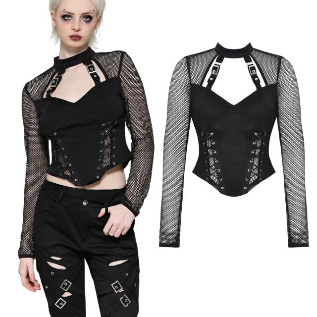 Dark In Love Gothic-Punk-Shirt (TW616) mit langen Ärmeln aus Netz, großem Cut-Out und Zierschnallen