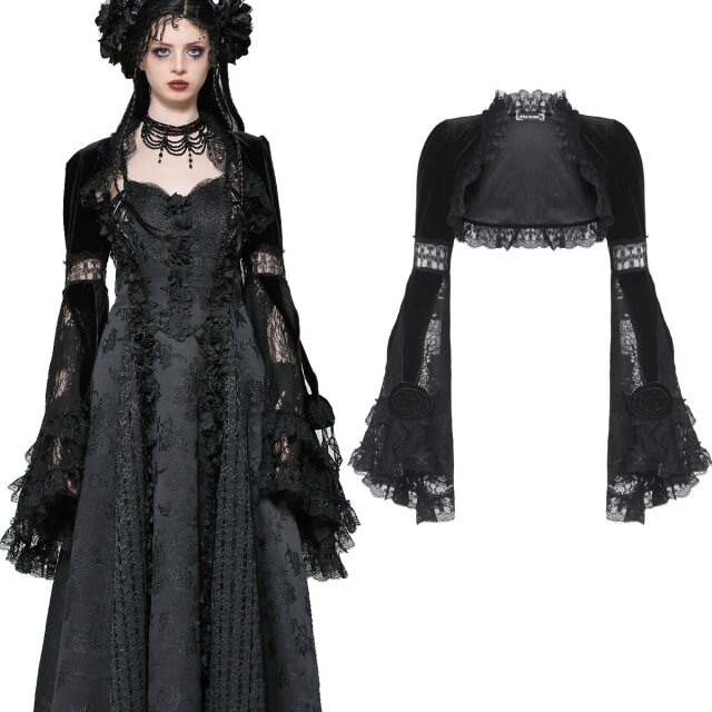 Dark In Love Gothic bolero jacket (BW159) made of soft velvet with wide bell sleeves and delicate lace in a darkly romantic Victorian style