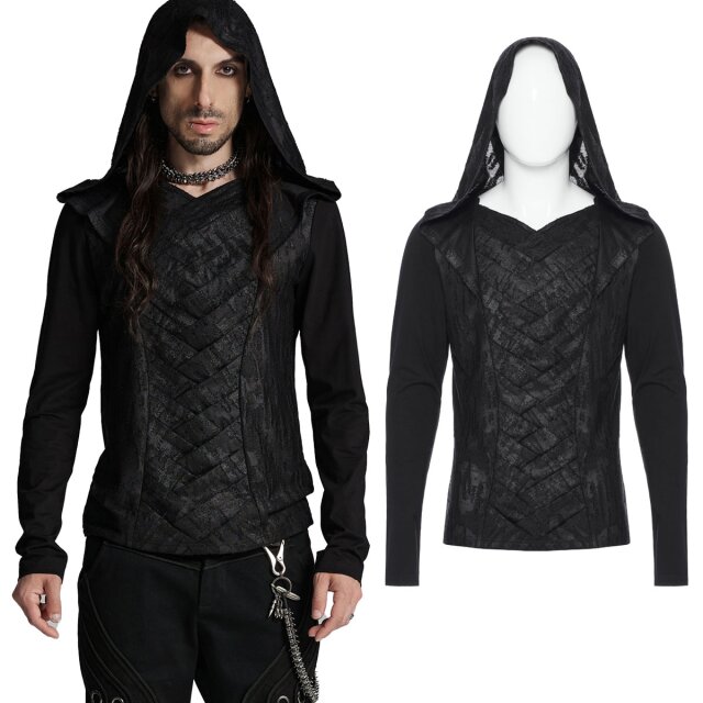 Punk Rave Langarm-Shirt aus tiefschwarz glänzendem Material in abgewetzter Optik mit großer semi-transparenter Kapuze (WT-937BK) und kunstvoll Strukturiertem Einsatz mit Falten in Fischgrätenstruktur