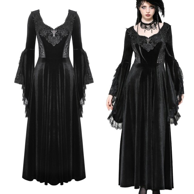 Dark In Love ankle-length Victorian velvet dress (DW1060) in deep black with wide, slanted trumpet sleeves and delicate lace at the top and silver-coloured pendant with blood-red faux stone.