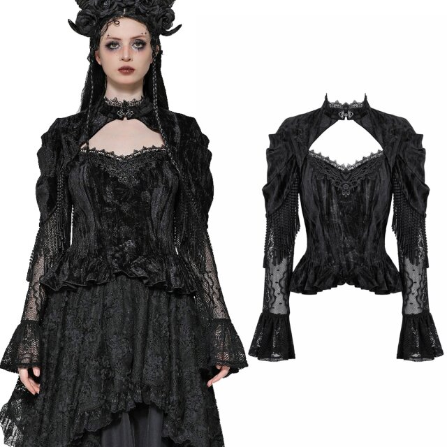 Dark In Love Langarm-Shirt aus weichem Pannesamt (TW618) mit dezentem Rosenmuster sowie langen, bauschigen und semi-transparenten Ärmeln mit Trompetenmanschette und raffiniertem Samtüberzug mit fransigen Borten am Oberarm