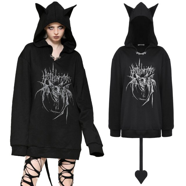 Dark In Love (TW625) Gothic-Hoodie im Oversize-Look, mit großer Kapuze und Fledermausohren, stylischen Grafikdruck, silberfarbenen Sternenkette und Teufelsschwanz in Herzform