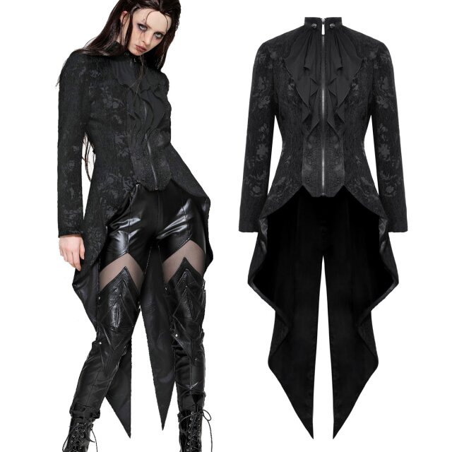 Der romantisch-düstere Gothic-Damenfrack (JW268) von Dark In Love: samtiges Material, barockes Muster, taillierter Schnitt und langer Schwalbenschwanz. Perfekt für einen eleganten, viktorianischen Look!