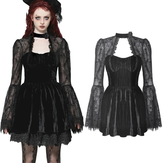 Dark In Love Gothic mini dress (DW1033) made of black velvet with high collar and rose blossom, long semi-transparent trumpet sleeves made of mesh with rose and crescent moon pattern