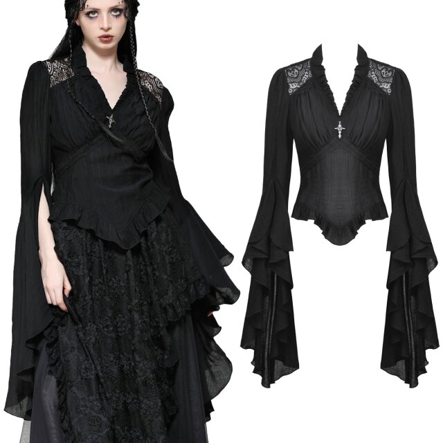 Dark In Love Gothic Blusen-Shirt im viktorianischem Stil (TW624): figurbetonter Schnitt, romantische Details und fließende Trompetenärmel – perfekt für moderne Vampirinnen.